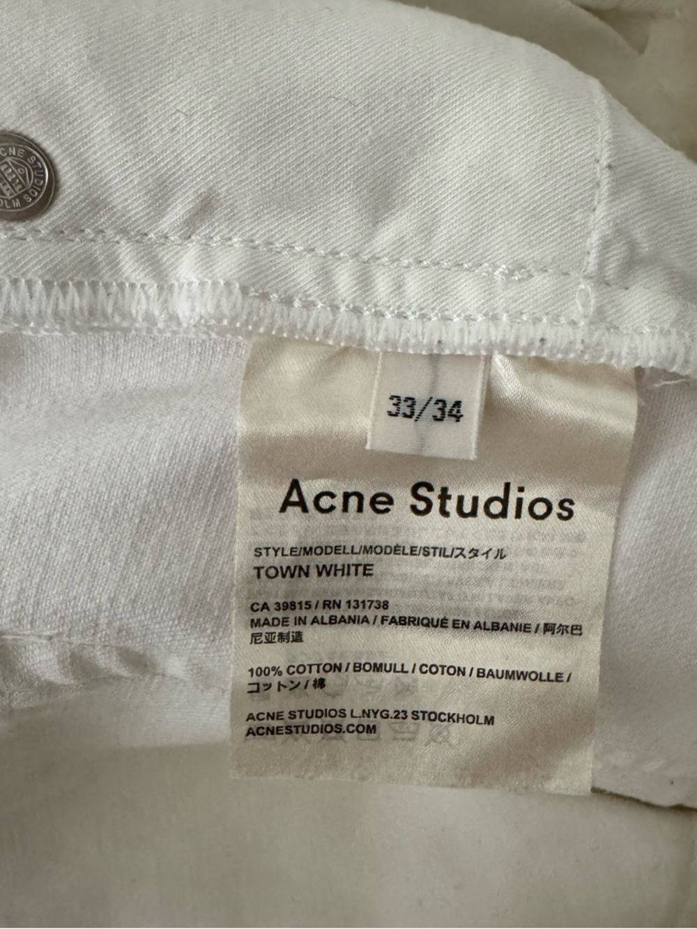 Acne Studios Town White Straight Leg Jeans 100% Cotton 33x34 - Picture 5 of 5